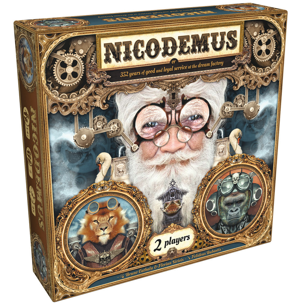 Nicodemus board game box with steampunk design featuring ornate gold frame, gears, a wizard character with goggles, and two animal portraits in medallions, labe