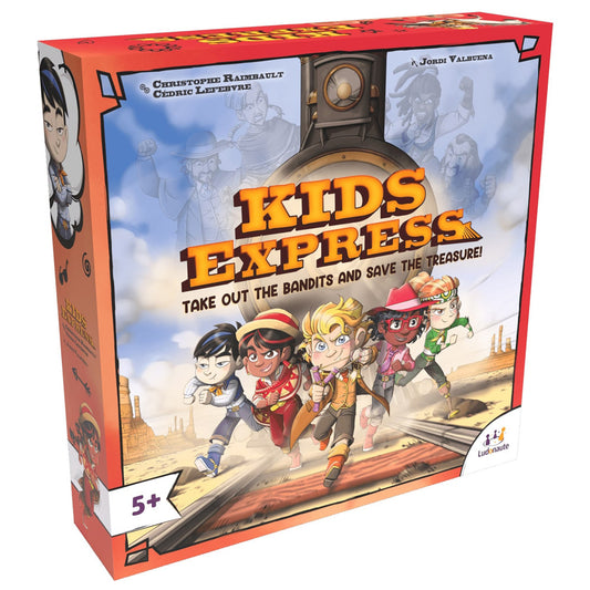 Kids Express board game box featuring cartoon characters in adventure outfits running on a desert landscape with industrial structures, tagline 'Take Out The Ba