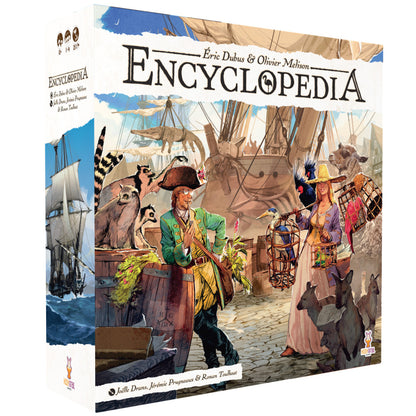 Encyclopedia board game box showing illustrated pirate dock scene with characters, sailing ships, and animals in historical setting