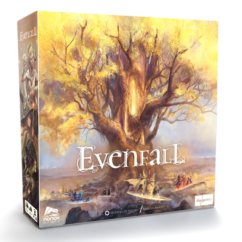 Evenfall board game box featuring a massive glowing tree with golden foliage and figures gathered at its base in a fantasy landscape