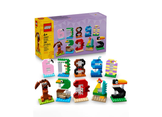 LEGO Birthday Numbers 40807 set with colorful number blocks, animal figures, and party decorations in pink, blue, gre...