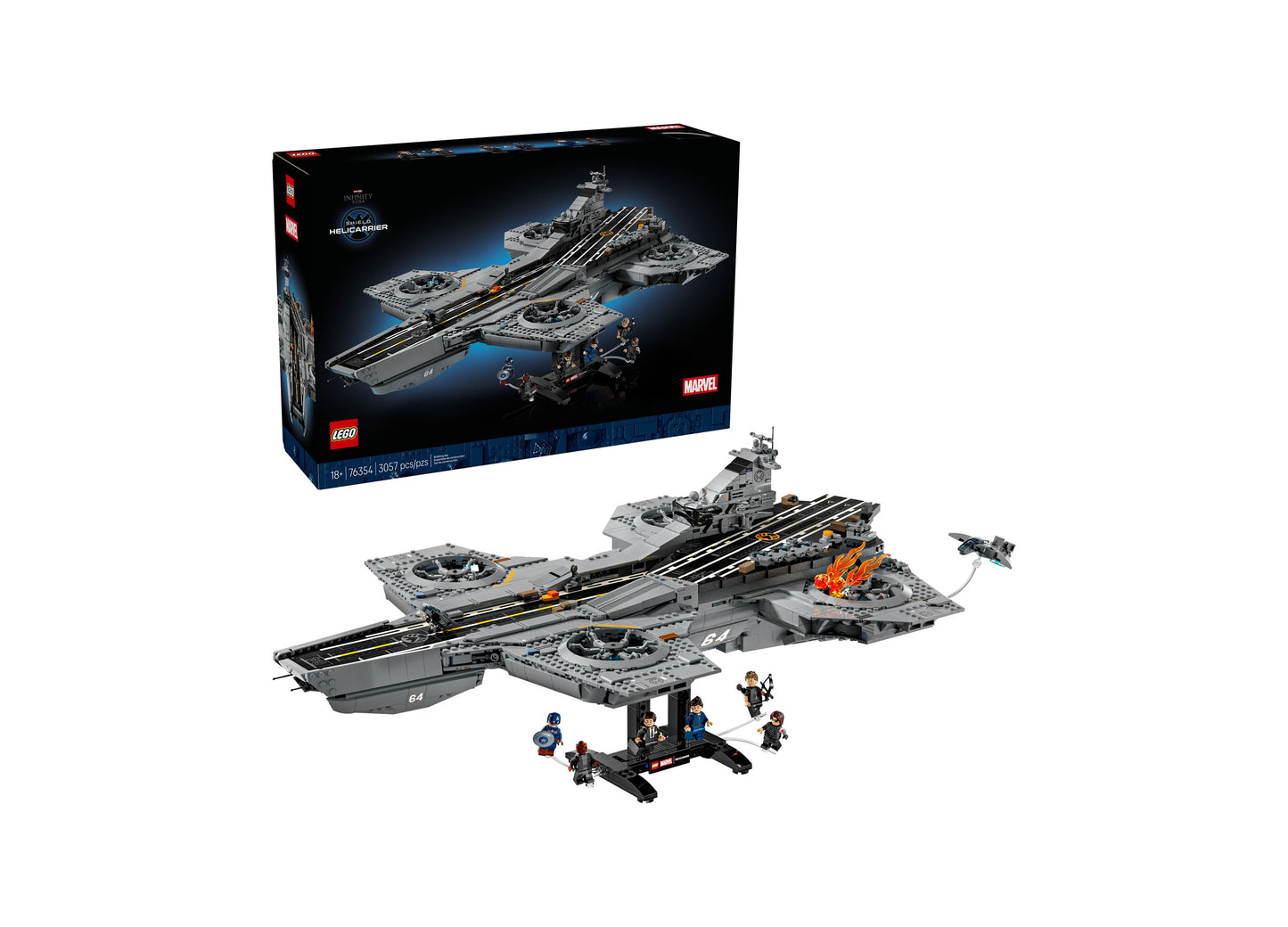 LEGO Marvel S.H.I.E.L.D. Helicarrier 76354 with 3057 pieces, gray aircraft carrier with minifigures