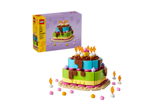 LEGO Birthday Party Cake Building Set 40815 with colorful tiered cake, candles, and decorative pieces