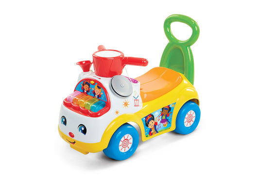 Fisher-Price Little People Music Parade Ride-On with colorful yellow, white, blue and orange body, green push handle,...