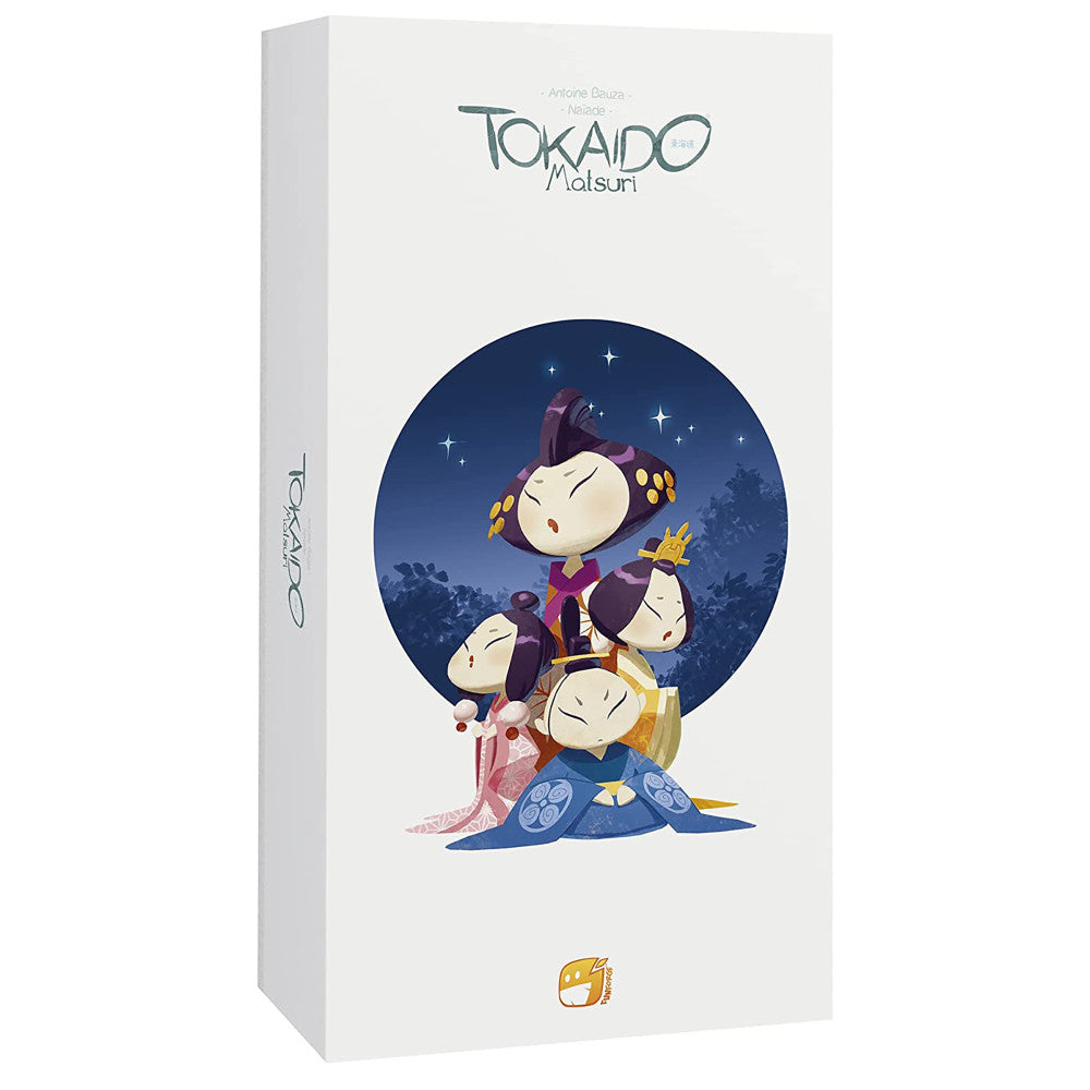 Tokaido Matsuri board game box featuring stylized illustrated characters in traditional Japanese clothing against a starry night background