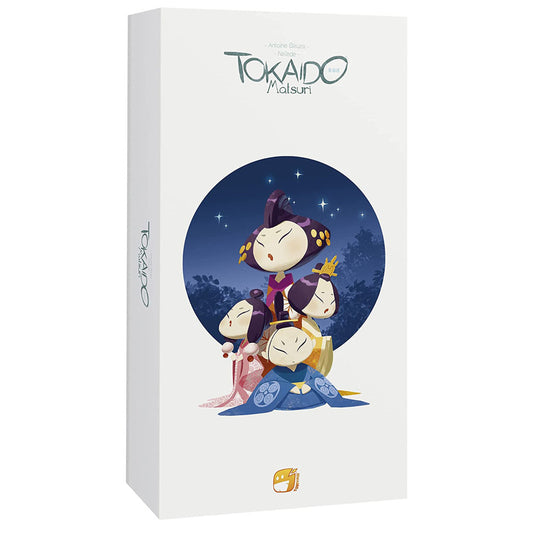 Tokaido Matsuri board game box featuring stylized illustrated characters in traditional Japanese clothing against a starry night background