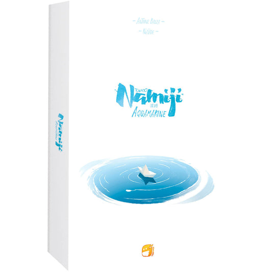 Namiji Aquamarine board game expansion box featuring blue watercolor artwork with a paper boat on rippling water