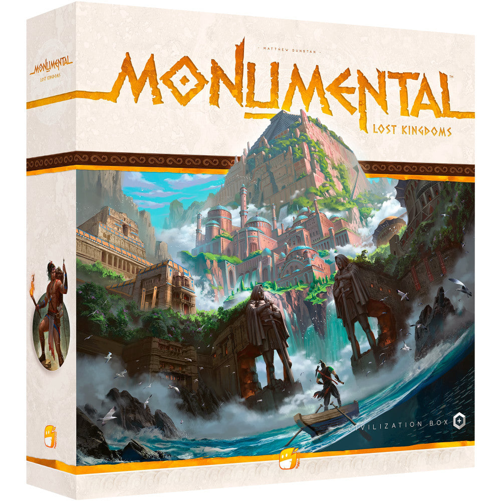 Monumental Lost Kingdoms board game box featuring fantasy architecture with crumbling ruins, overgrown structures, characters, and water elements against a crea
