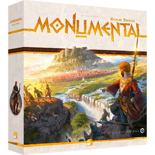 Monumental African Empires board game box featuring illustrated landscape with warriors, monuments, and golden terrain under Civilization Box branding