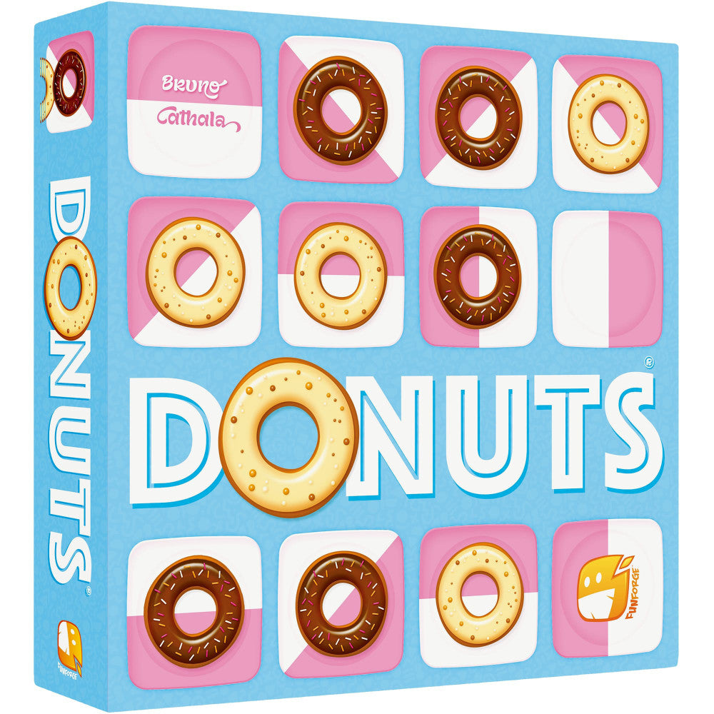 Donuts board game box with blue background, pink and white grid showing illustrated chocolate and vanilla donuts, large yellow donut in center with "DONUTS" tex