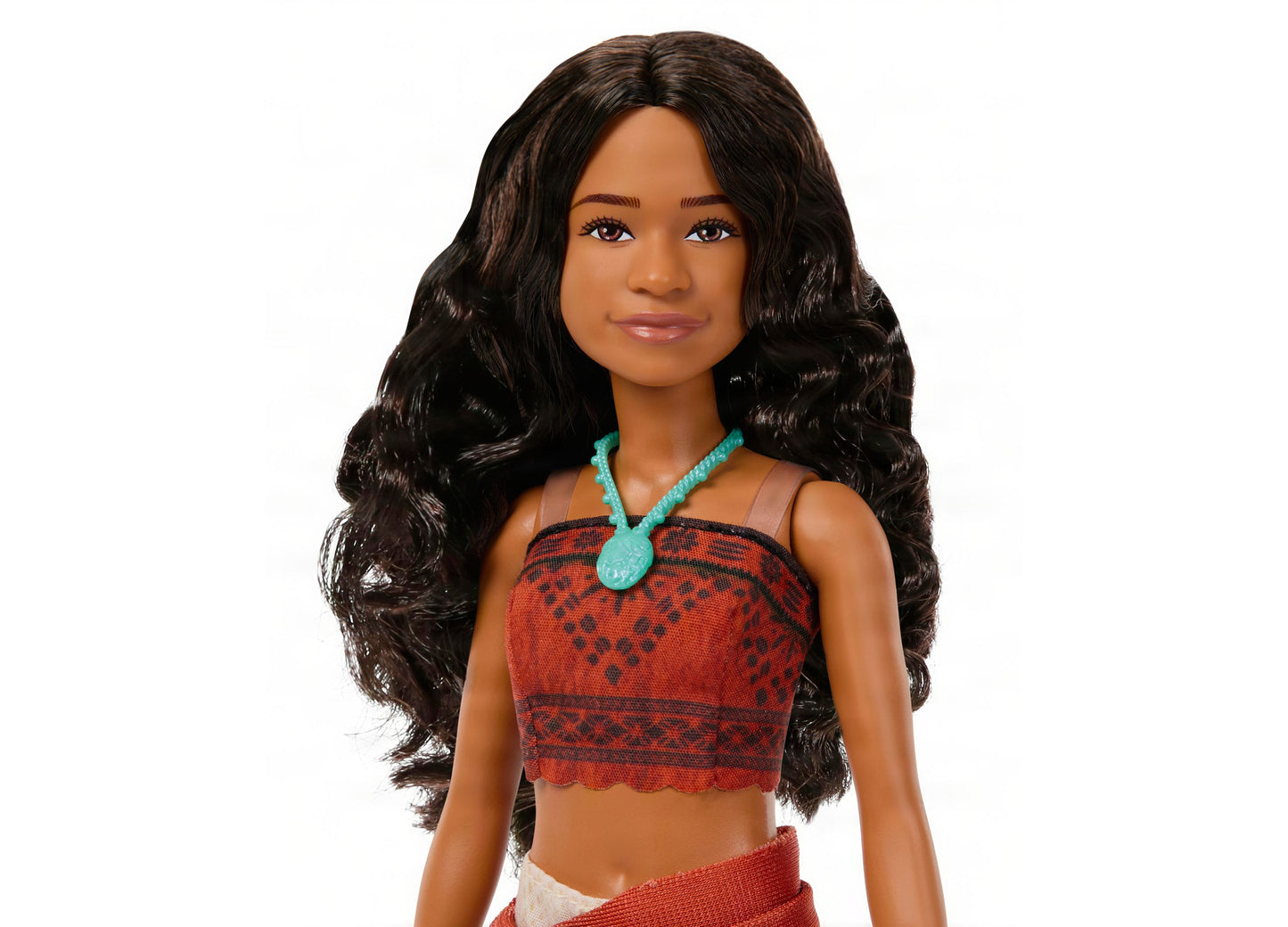 Disney Princess Moana Singing Doll with black wavy hair, red patterned dress, and turquoise necklace