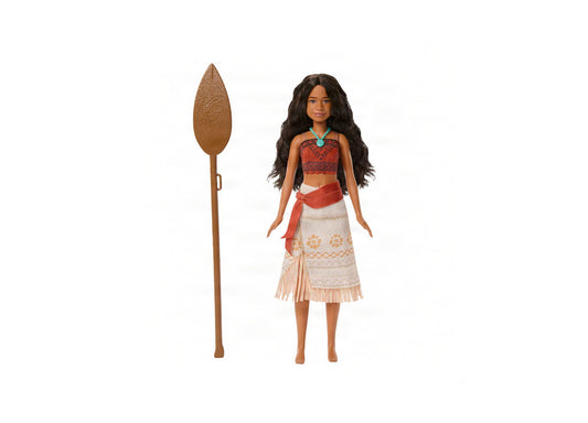 Disney Princess Moana Singing Fashion Doll with red dress, turquoise necklace, and wooden oar accessory