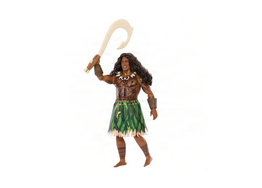Maui action figure with long black hair, brown tattooed chest, green grass skirt, and white shell necklace, holding tan hook accessory