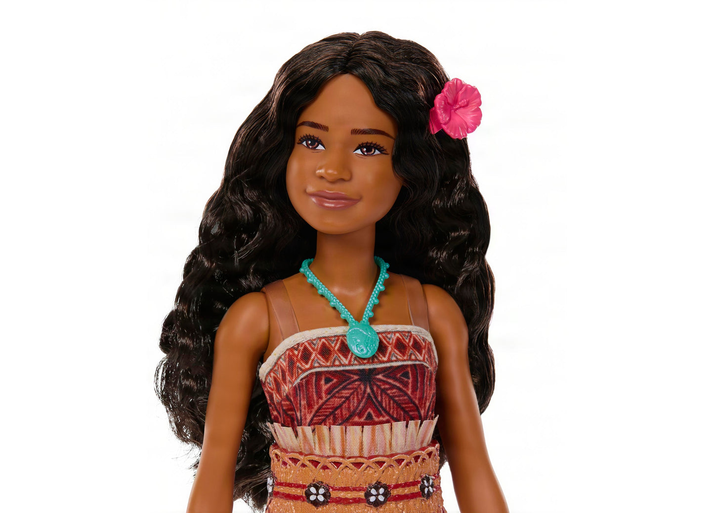 Disney Princess Moana Fashion Doll with long black hair, pink flower, red patterned dress and turquoise necklace