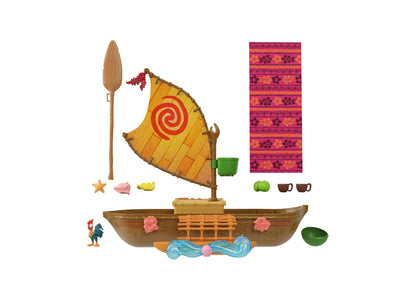 Disney Princess Moana Ocean Voyager Canoe playset with floating boat, small Moana doll figure, sail with red spiral design, paddle, starfish, pig, bananas, gree