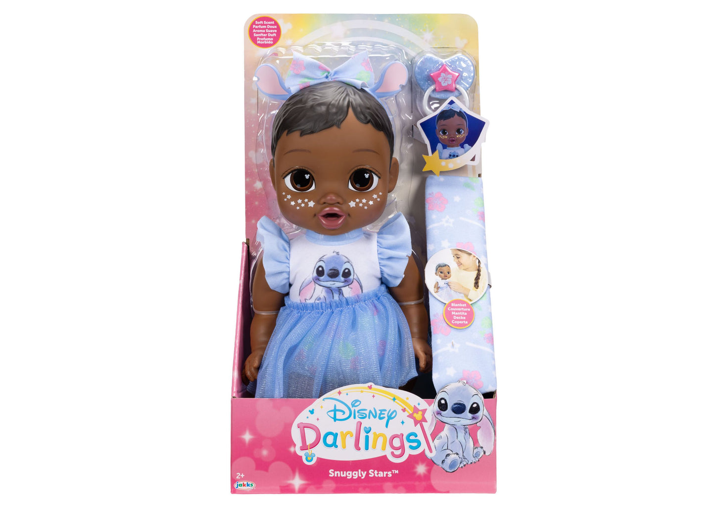 Disney Darlings Snuggly Stars Stitch doll with blue skirt, accessories, and headband