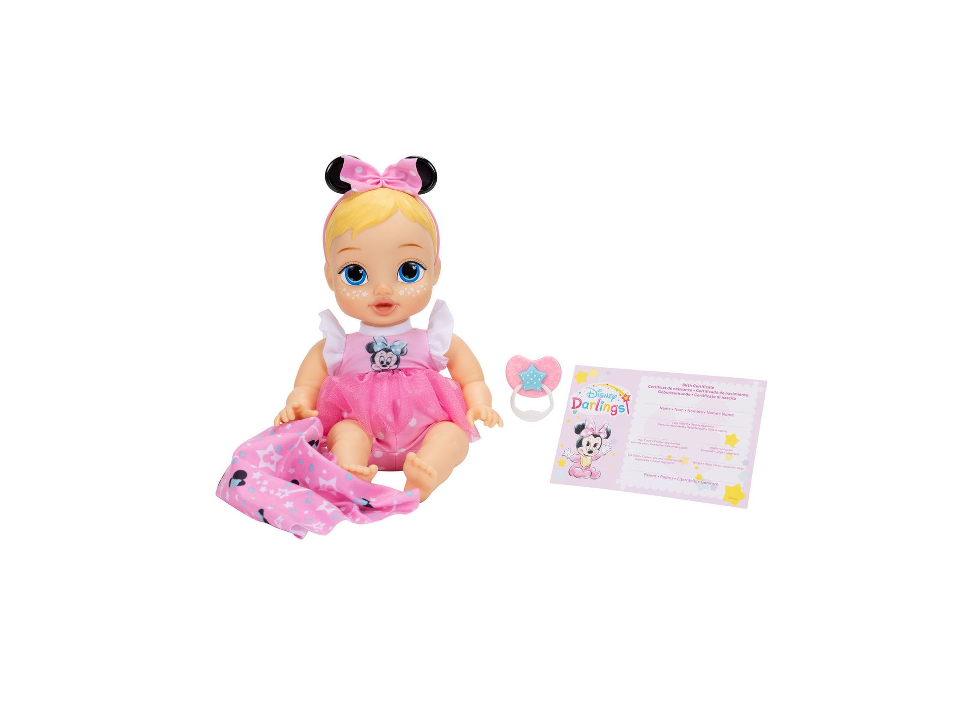 Disney Darlings Snuggly Stars Minnie Doll with pink dress, mouse ears headband, and blanket