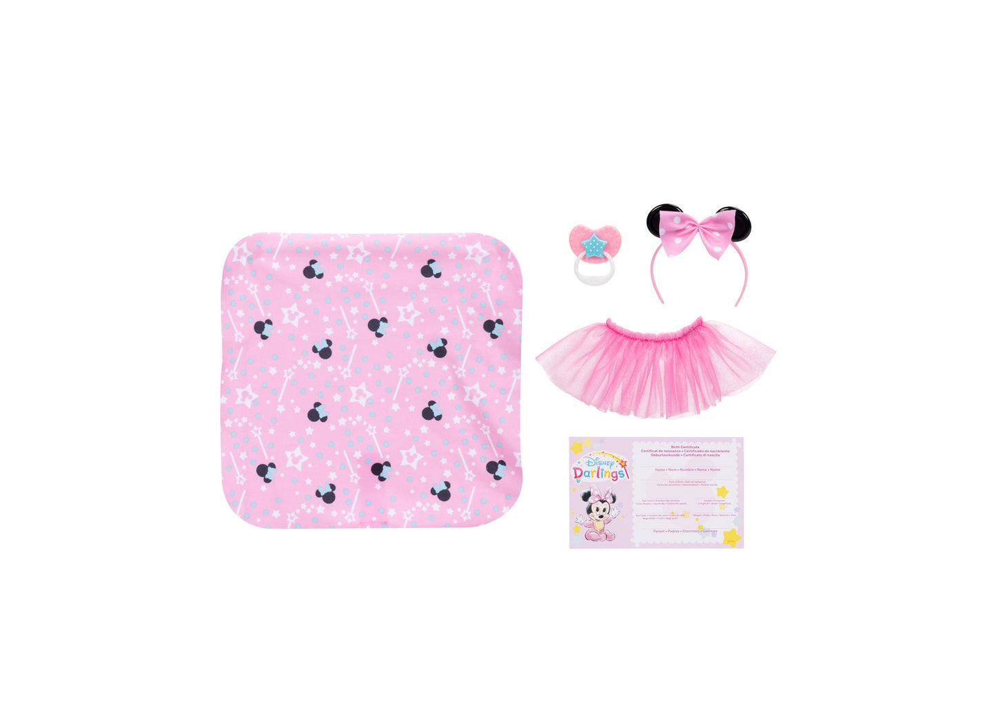 Disney Darlings Snuggly Stars Minnie Doll with pink blanket, tutu, and accessories