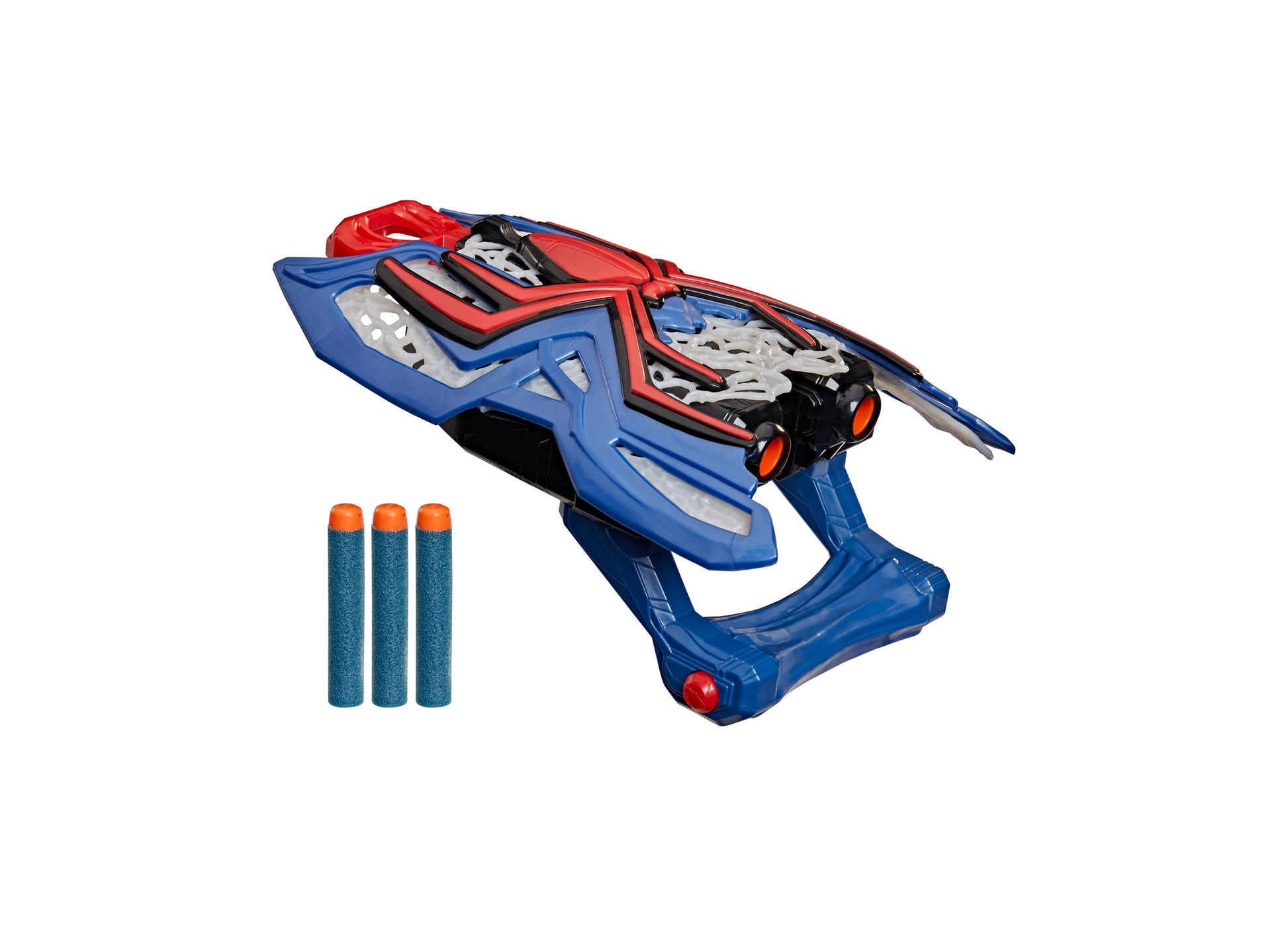Spider-Man Nerf Web Strike Blaster in blue and red with three foam darts