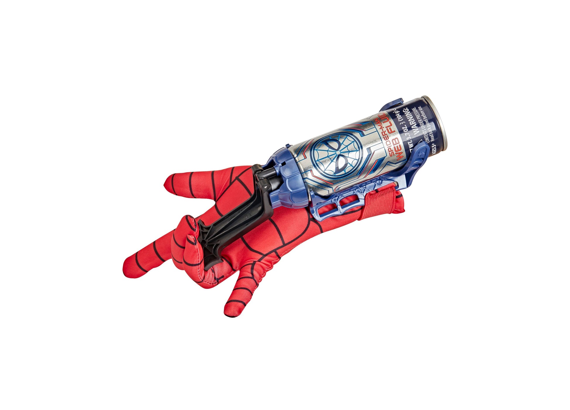 Spider-Man red glove with blue web-slinger device on palm, shown on plain background