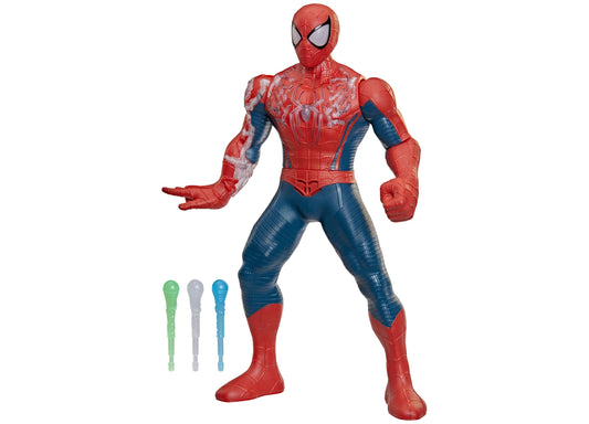 Spider-Man action figure in red and blue suit with articulated joints, shown with three interchangeable web accessory pieces
