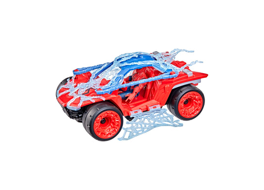 Red Spider-Man buggy vehicle with blue translucent web-shaped armor panels and black wheels on plain white background