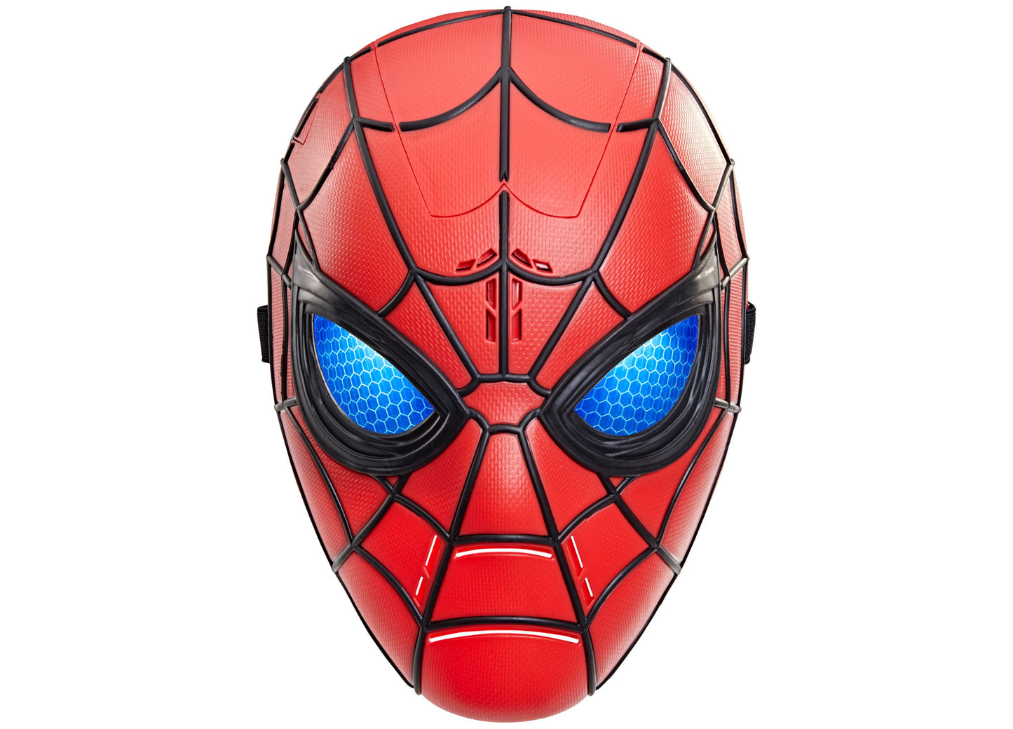 Spider-Man mask with red textured fabric, black web pattern, and glowing blue eyes on plain background