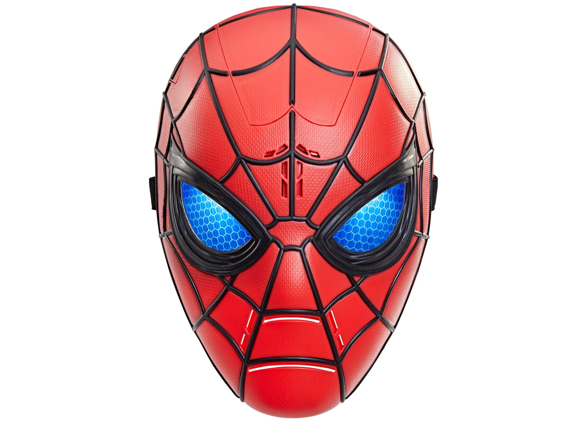 Spider-Man mask with red textured fabric, black web pattern, and glowing blue eyes on plain background