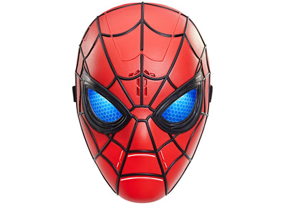 Spider-Man mask with red textured fabric, black web pattern, and glowing blue eyes on plain background