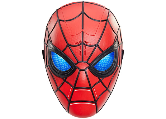 Spider-Man mask with red textured fabric, black web pattern, and glowing blue eyes on plain background