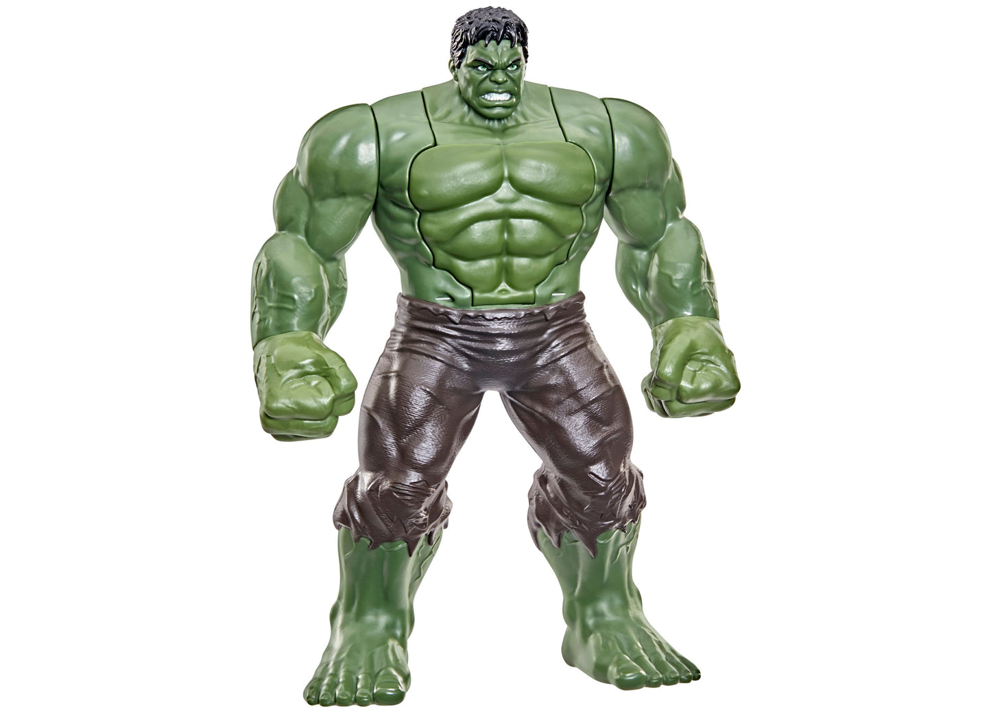 Hulk action figure with green muscular body, black hair, angry expression, and brown pants on plain background