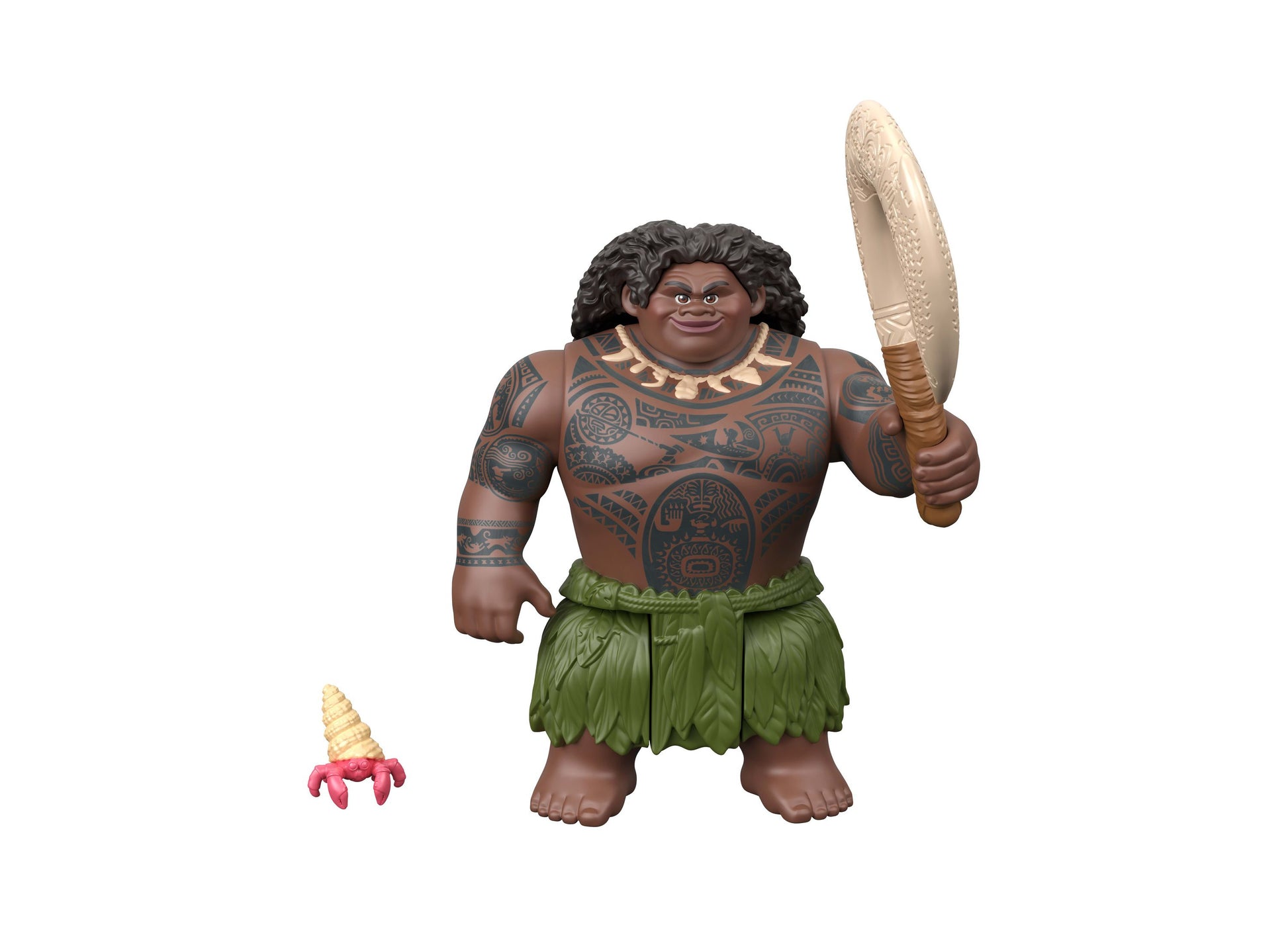 Disney Moana 7-piece character set with Moana figure, tattoos, green skirt, holding oar and crab accessory