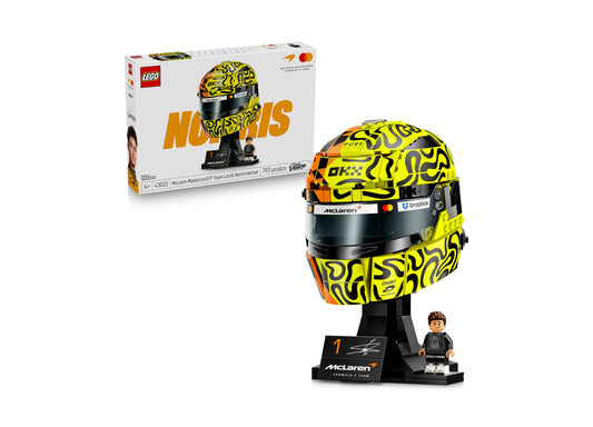 LEGO McLaren Mastercard F1 Team Lando Norris Helmet 43023 building set with yellow and black helmet display