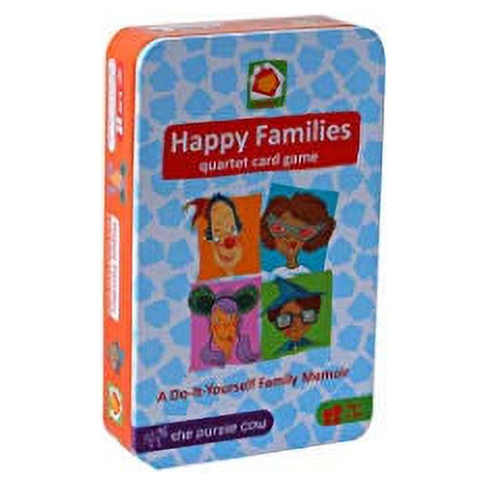 Happy Families quartet card game box with blue checkered background, orange sides, and illustrated character cards on front