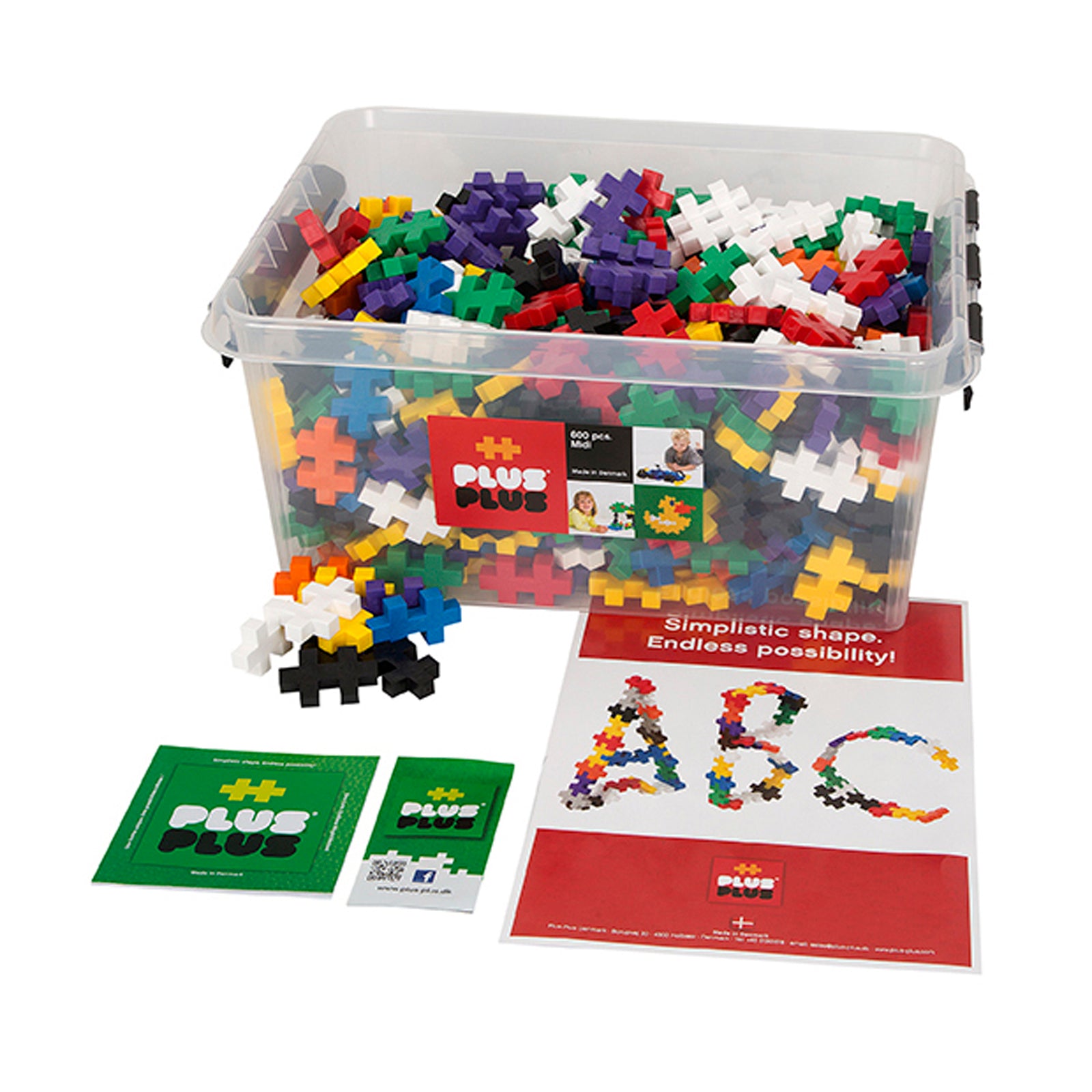 Plus-Plus Big Size Construction Set with 600 colorful plastic pieces in a clear storage container, instruction cards, and example build designs showing 3D struc