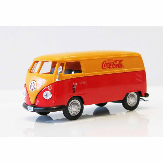 Red and yellow Volkswagen bus die-cast toy with Coca-Cola branding on white background