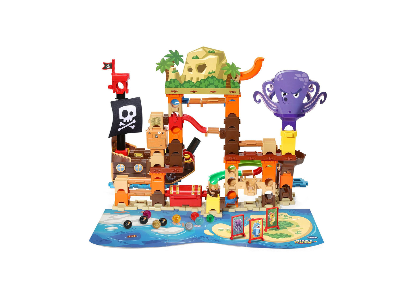 VTech Marble Rush Pirates Cove set with pirate ship, octopus tower, and colorful marble tracks on blue base
