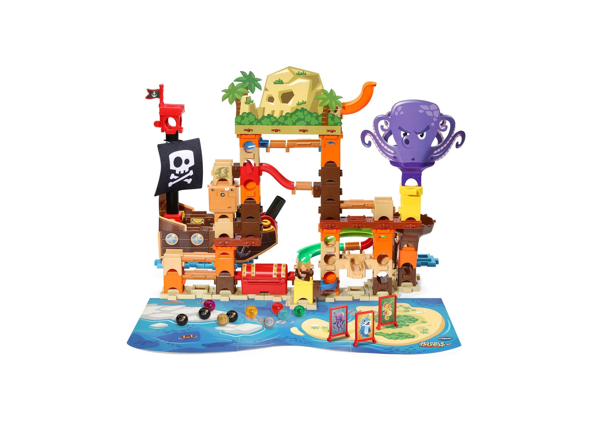 VTech Marble Rush Pirates Cove set with pirate ship, octopus tower, and colorful marble tracks on blue base