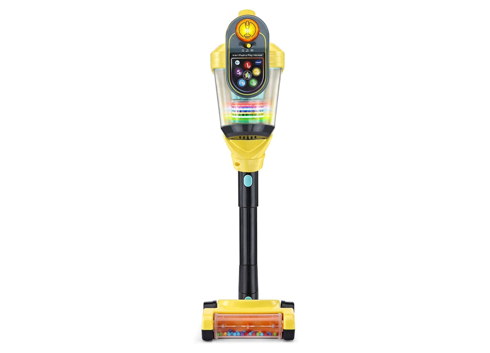 VTech 4-in-1 Push & Play Vacuum yellow and black interactive toy with numbered buttons