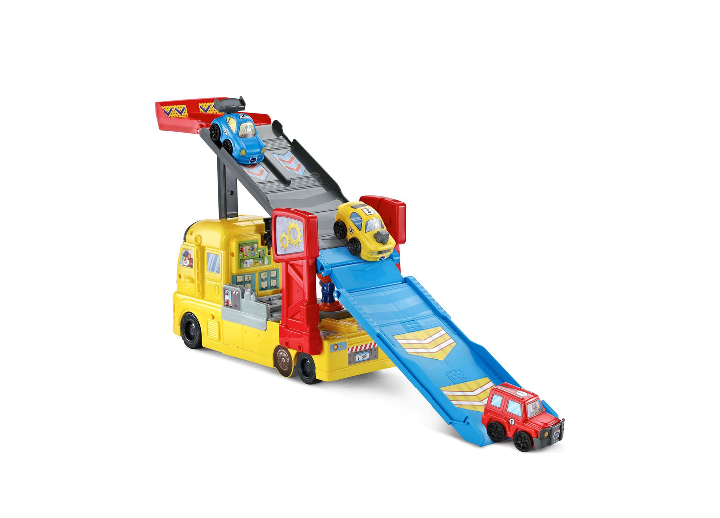 VTech 3-in-1 Race & Repair Hauler yellow interactive playset with blue ramp and toy cars