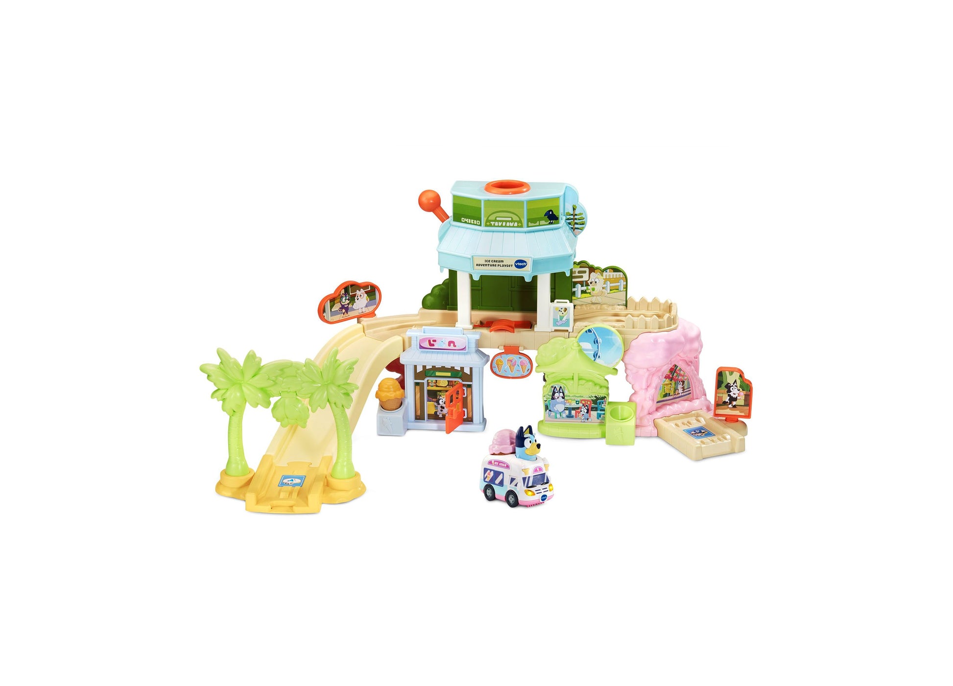 Bluey Ice Cream Adventure Playset with colorful buildings, palm tree, ice cream truck, and interactive SmartPoint fea...