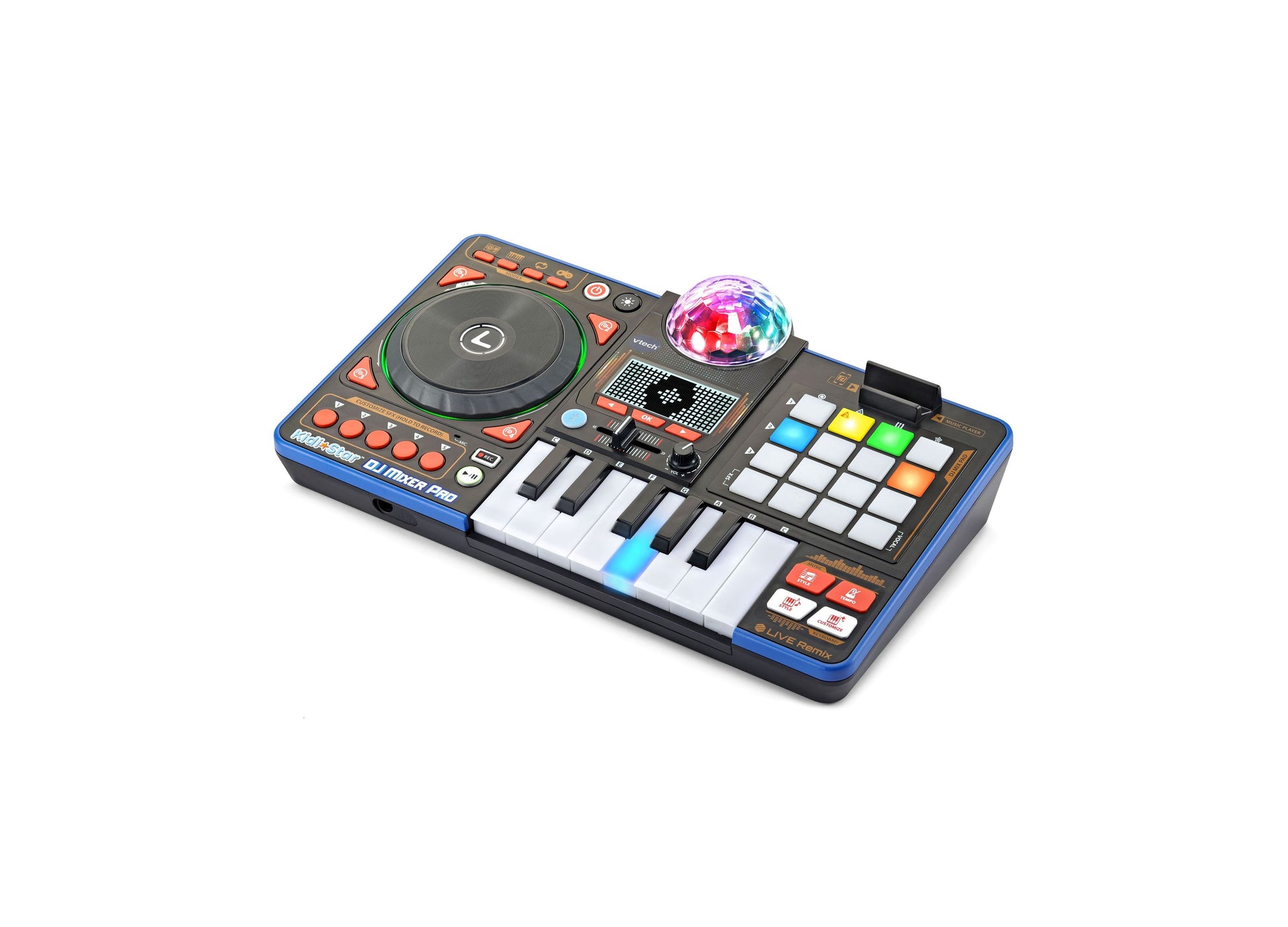 VTech Kidi Star DJ Mixer Pro with turntable, keyboard, light-up disco ball, and colorful pads