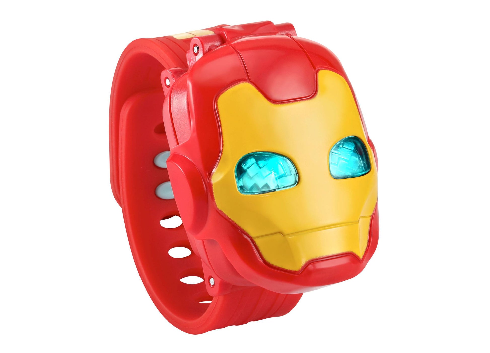 VTech Iron Man Learning Watch with yellow and red design and blue light-up eyes