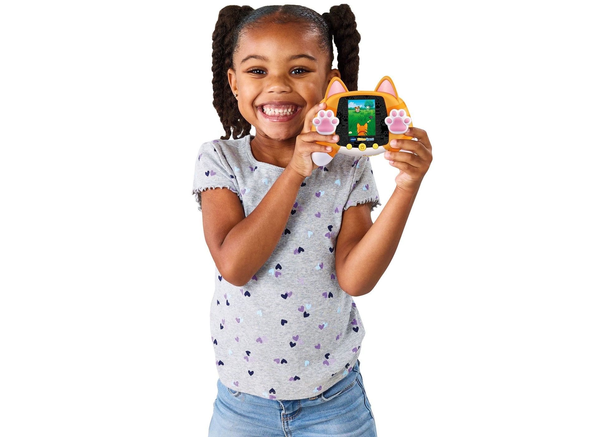 VTech Kitten Quest Virtual Pet Game Toy in orange with pink paw buttons, held by smiling child