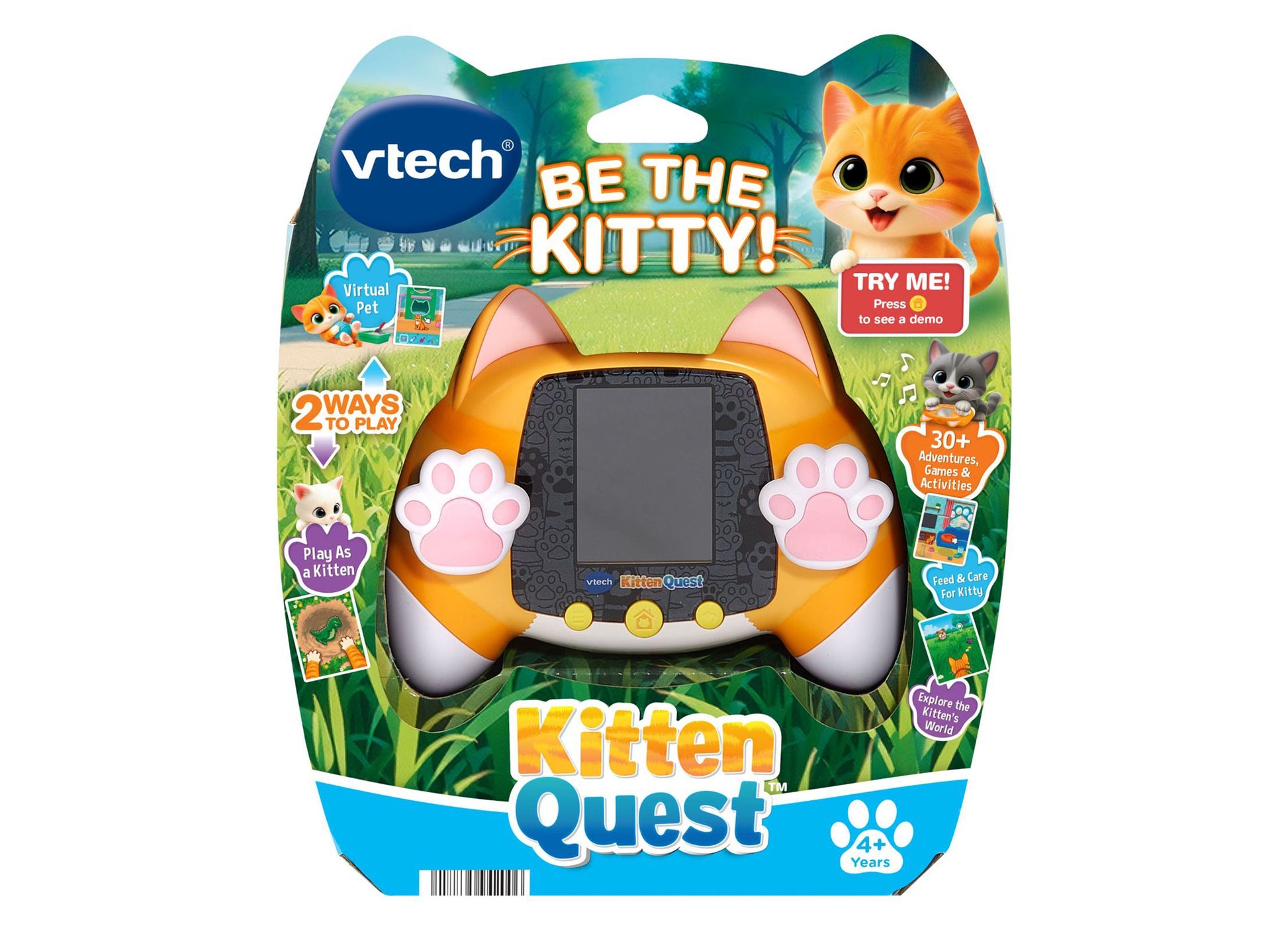 VTech Kitten Quest orange virtual pet handheld game with cat ears and paw buttons for ages 4+