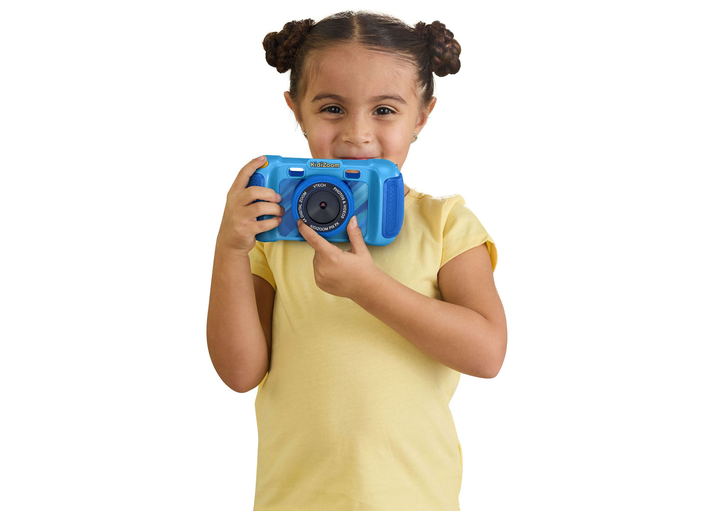 VTech KidiZoom blue digital camera with photo effects, held by young child in yellow shirt