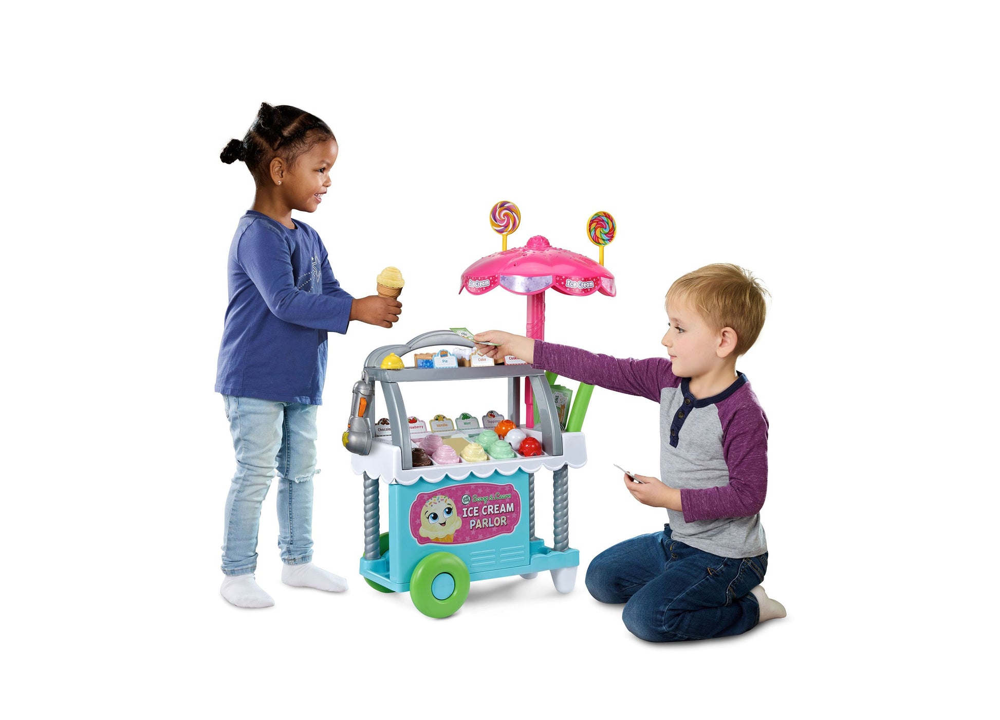 LeapFrog Scoop & Learn Ice Cream Cart with two children playing, featuring pink canopy and colorful ice cream pieces
