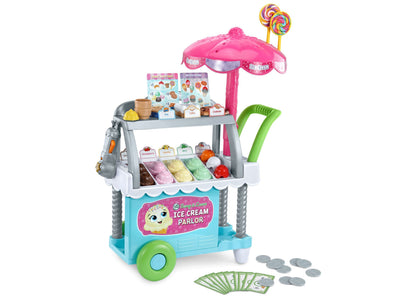 Leapfrog Scoop & Learn Ice Cream Cart with pink umbrella, colorful ice cream flavors, and play money accessories