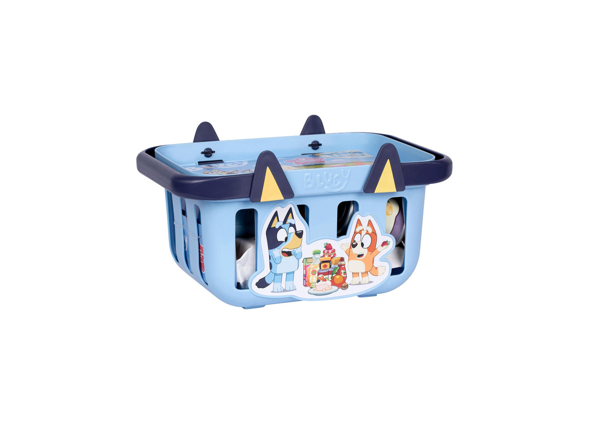 Bluey Shopping Basket playset with blue basket, black handles, yellow ear details, and Bluey character graphics on sides