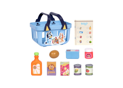 Bluey Shopping Basket playset with blue basket, character figures, and food accessories including juice bottle, bread...
